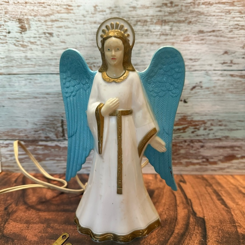 Vintage Gem Hard Plastic Christmas Angel with Blue Wings